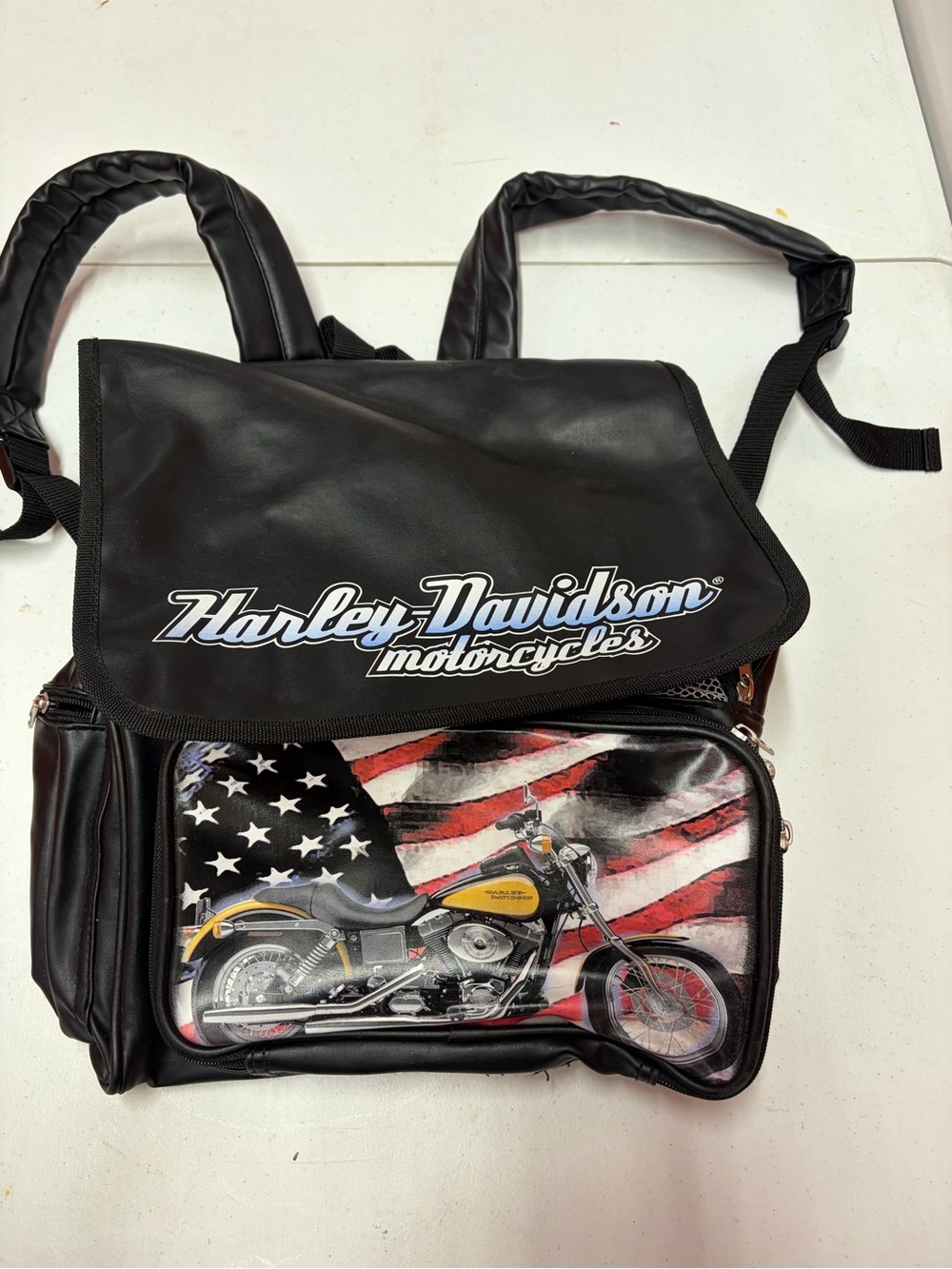 Harley-Davidson Black Backpack with American Flag Motorcycle Graphic